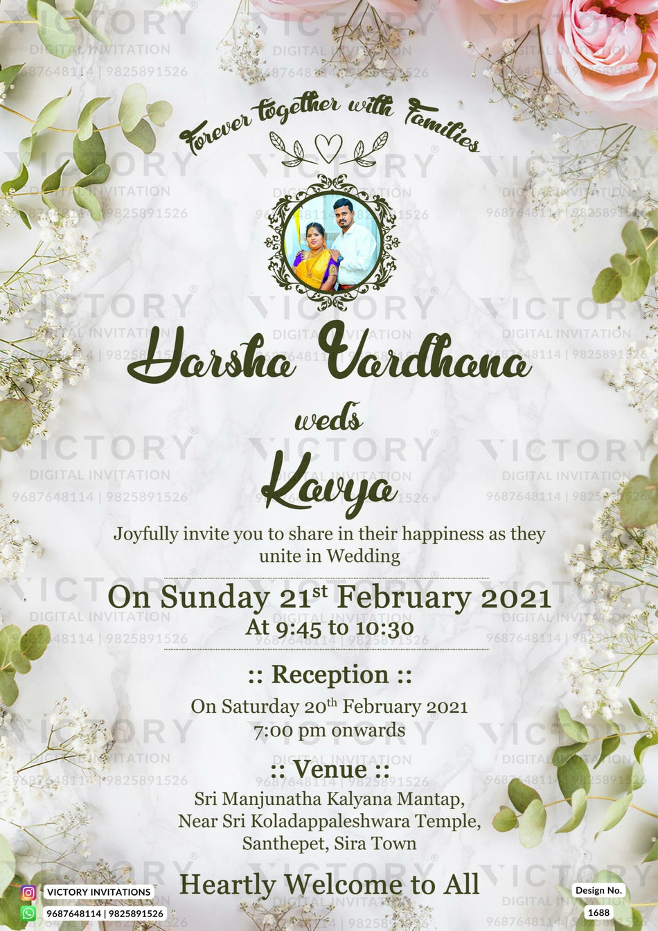 Wedding ceremony invitation card of hindu south indian kannada family in english language with floral theme design 1688