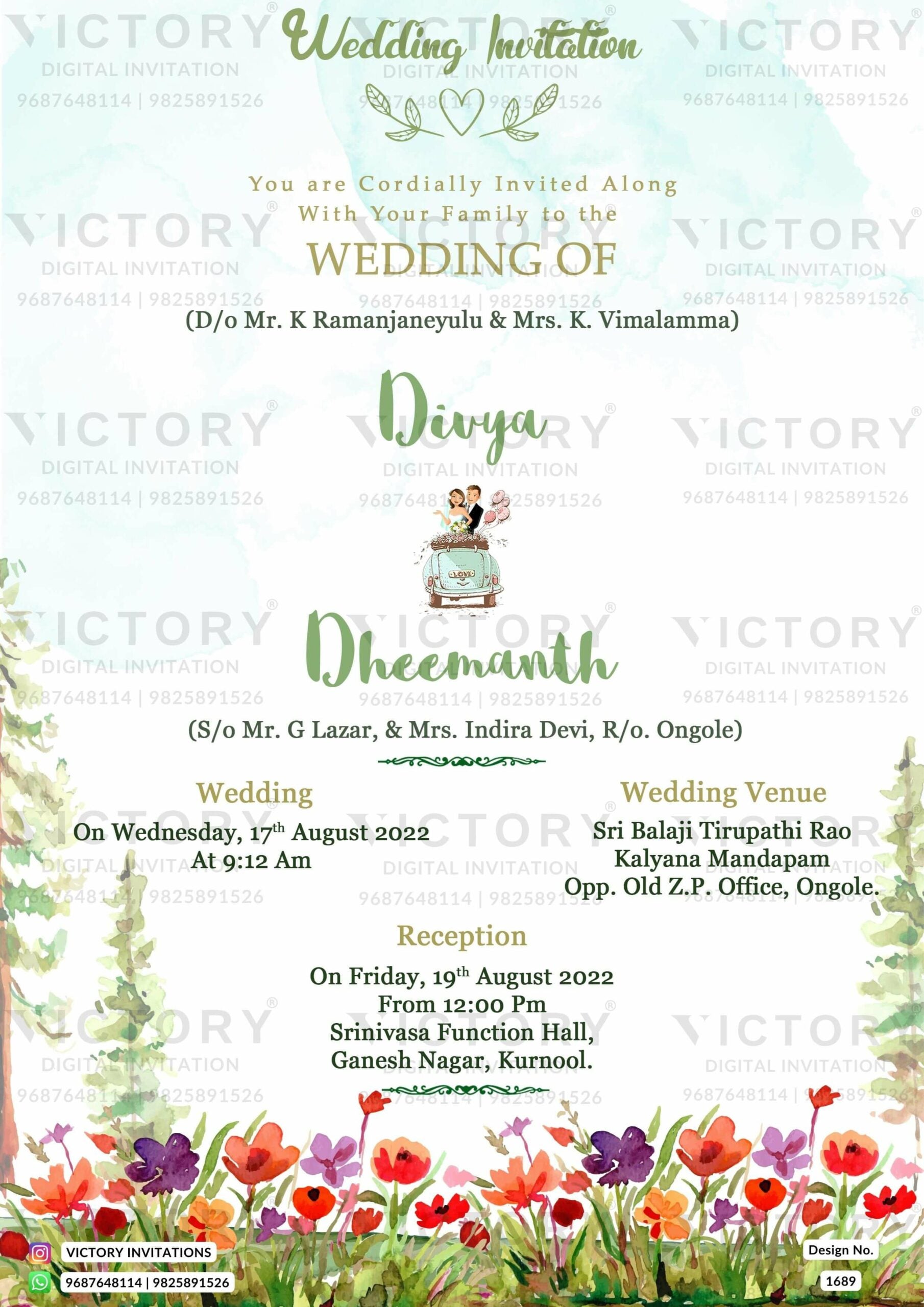 Wedding ceremony invitation card of hindu south indian telugu family in english language with garden theme design 1689