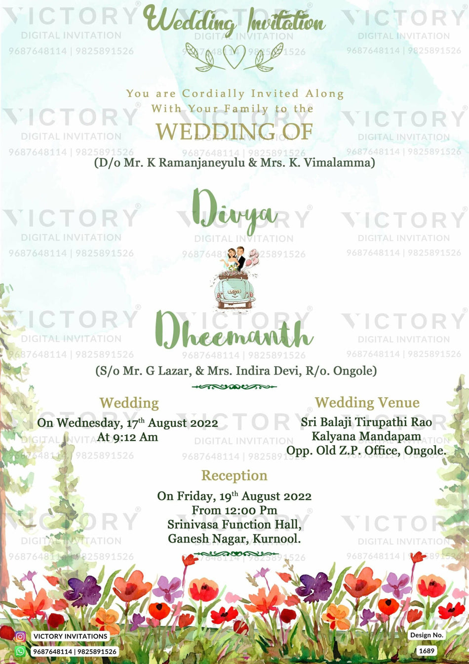 Wedding ceremony invitation card of hindu south indian telugu family in english language with garden theme design 1689