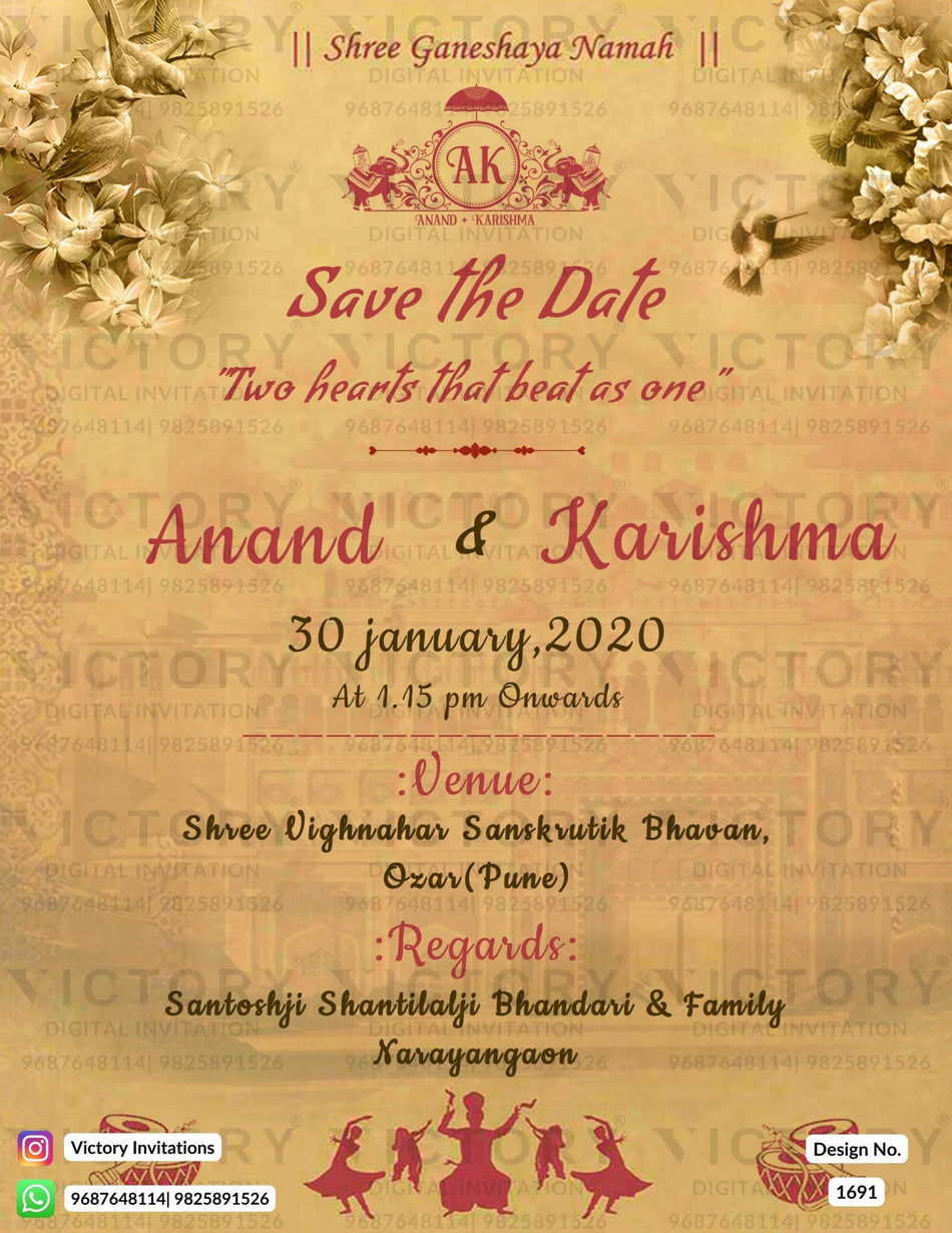 Wedding ceremony invitation card of hindu maharashtrian marathi family in english language with vintage theme design 1691