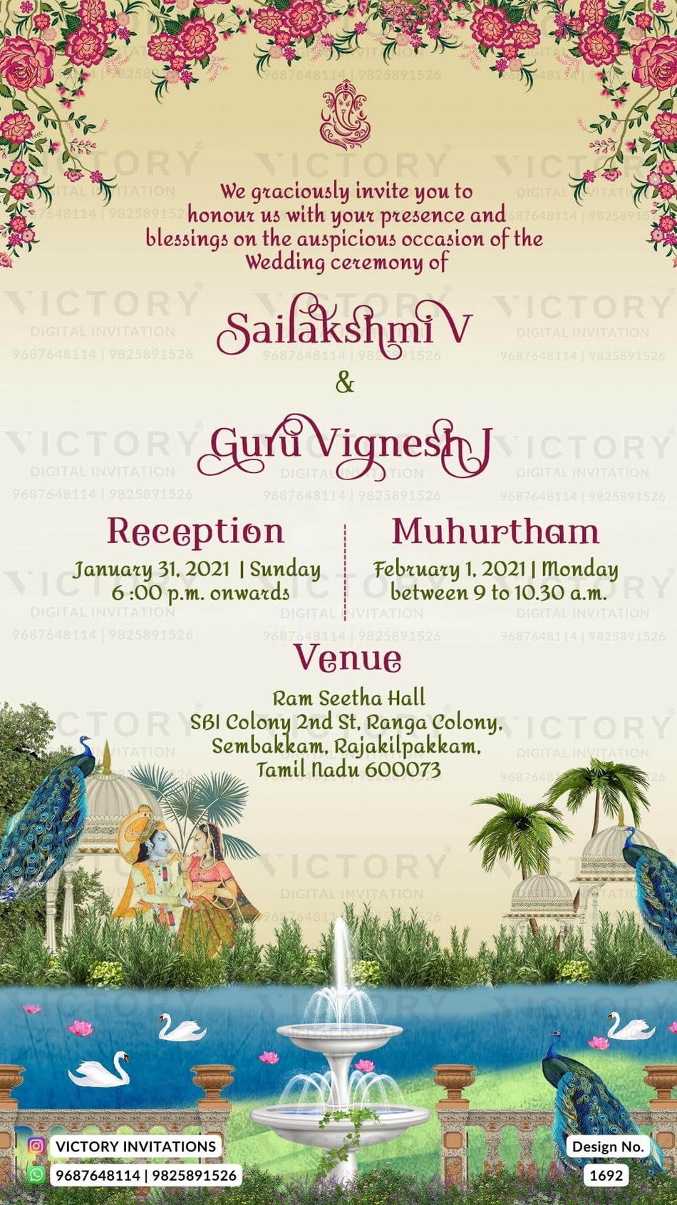 Wedding ceremony invitation card of hindu south indian tamil family in english language with garden theme design 1692
