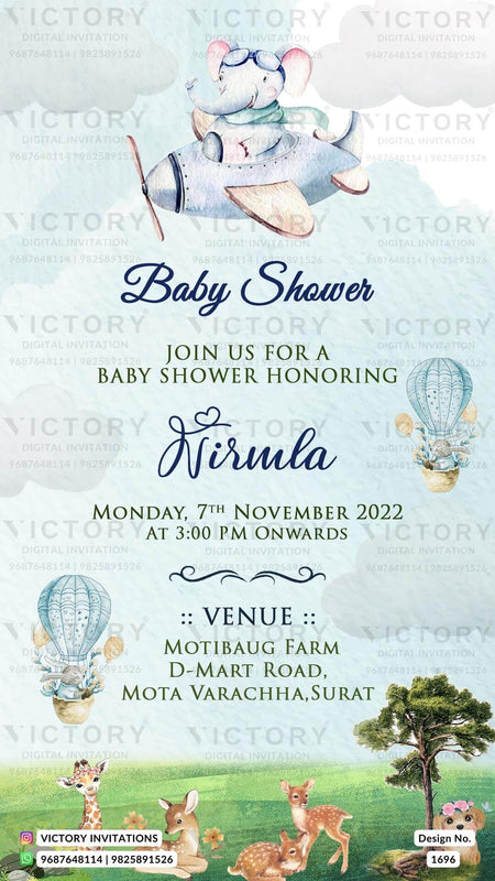 Baby Shower ceremony invitation card in english language with animals, balloon, elephant as garden theme design 1696