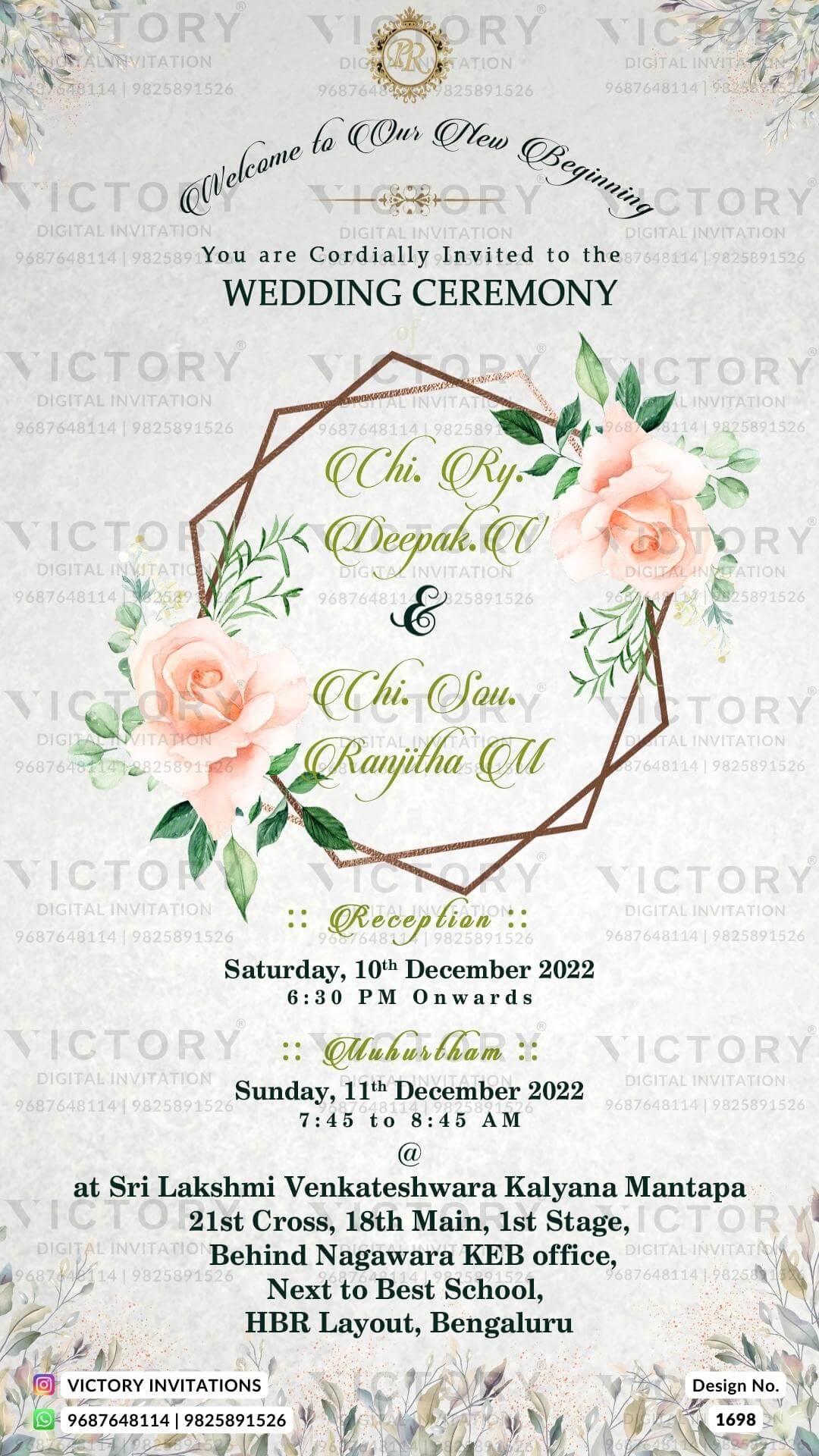 Wedding ceremony invitation card of hindu south indian kannada family in english language with minimalistic theme design 1698