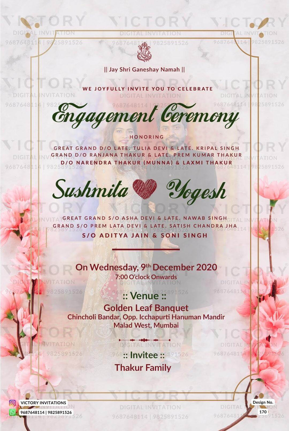 Digital Engagement Ceremony Invitation Of Indian family In English Language With Minimalistic Theme design no - 170