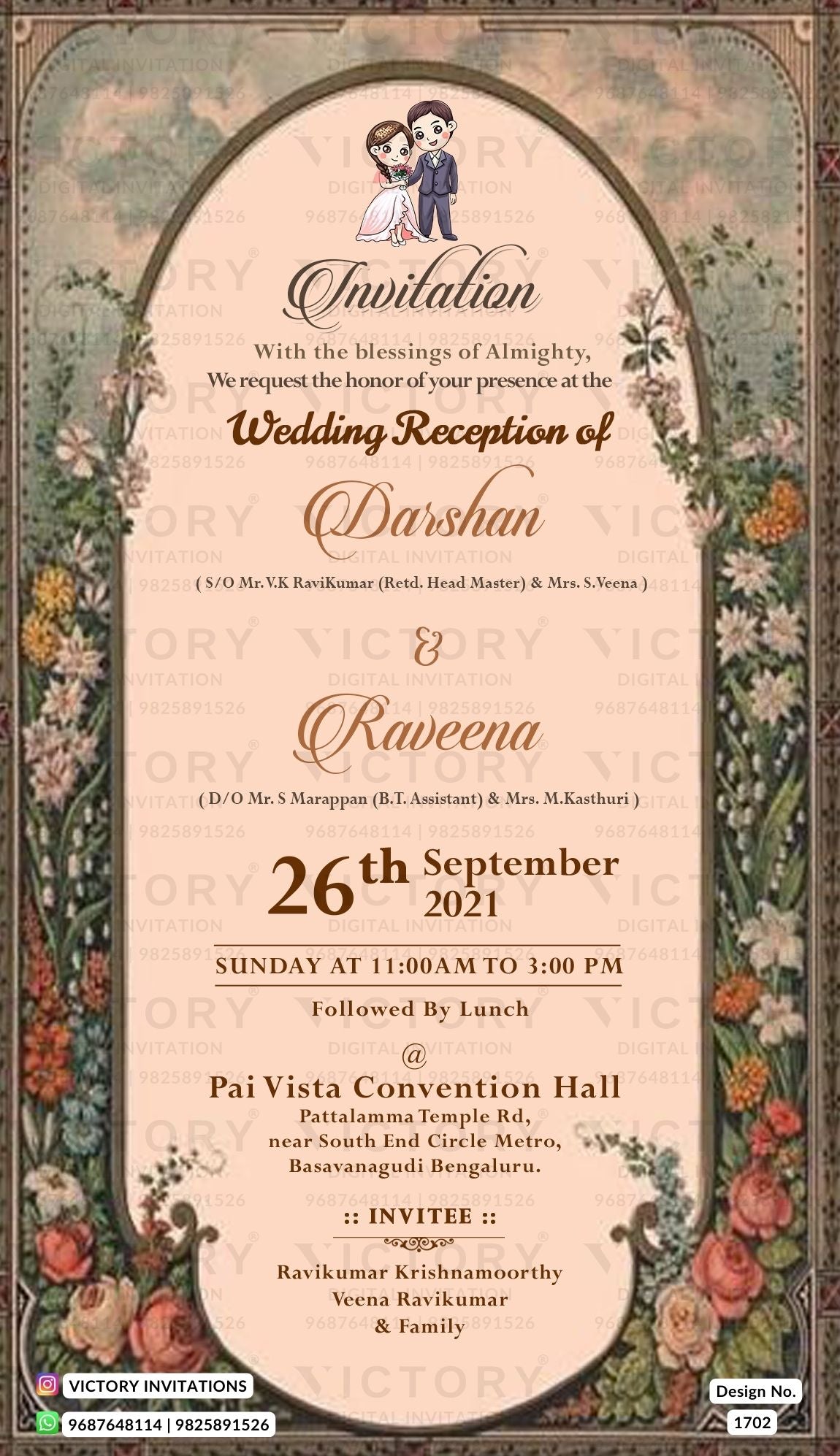 Wedding ceremony invitation card of hindu south indian kannada family in english language with traditional theme design 1702