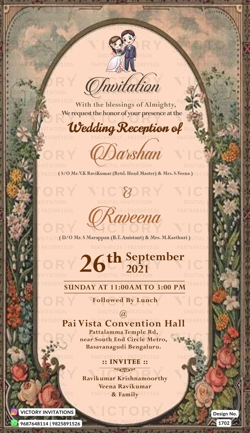 Wedding ceremony invitation card of hindu south indian kannada family in english language with traditional theme design 1702