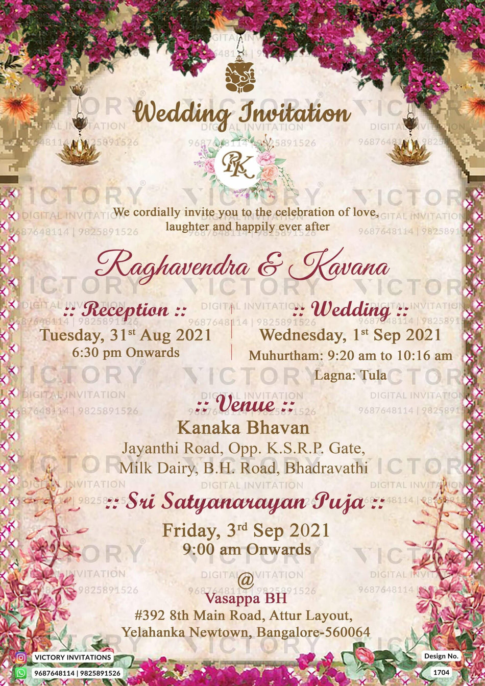 Wedding ceremony invitation card of hindu south indian kannada family in english language with traditional theme design 1704