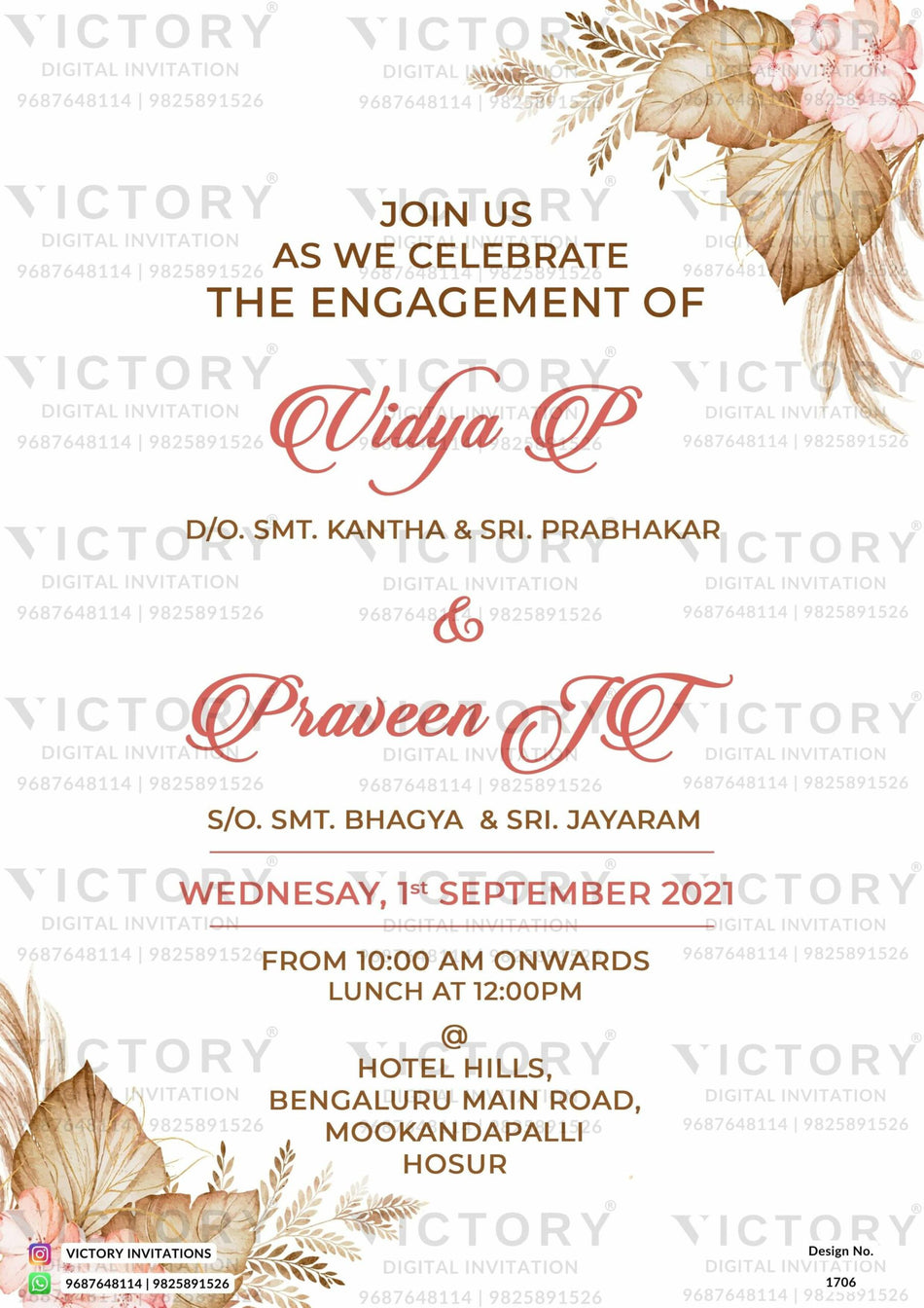 Engagement ceremony invitation card in english language with flowers, leaves as minimalistic theme design 1706