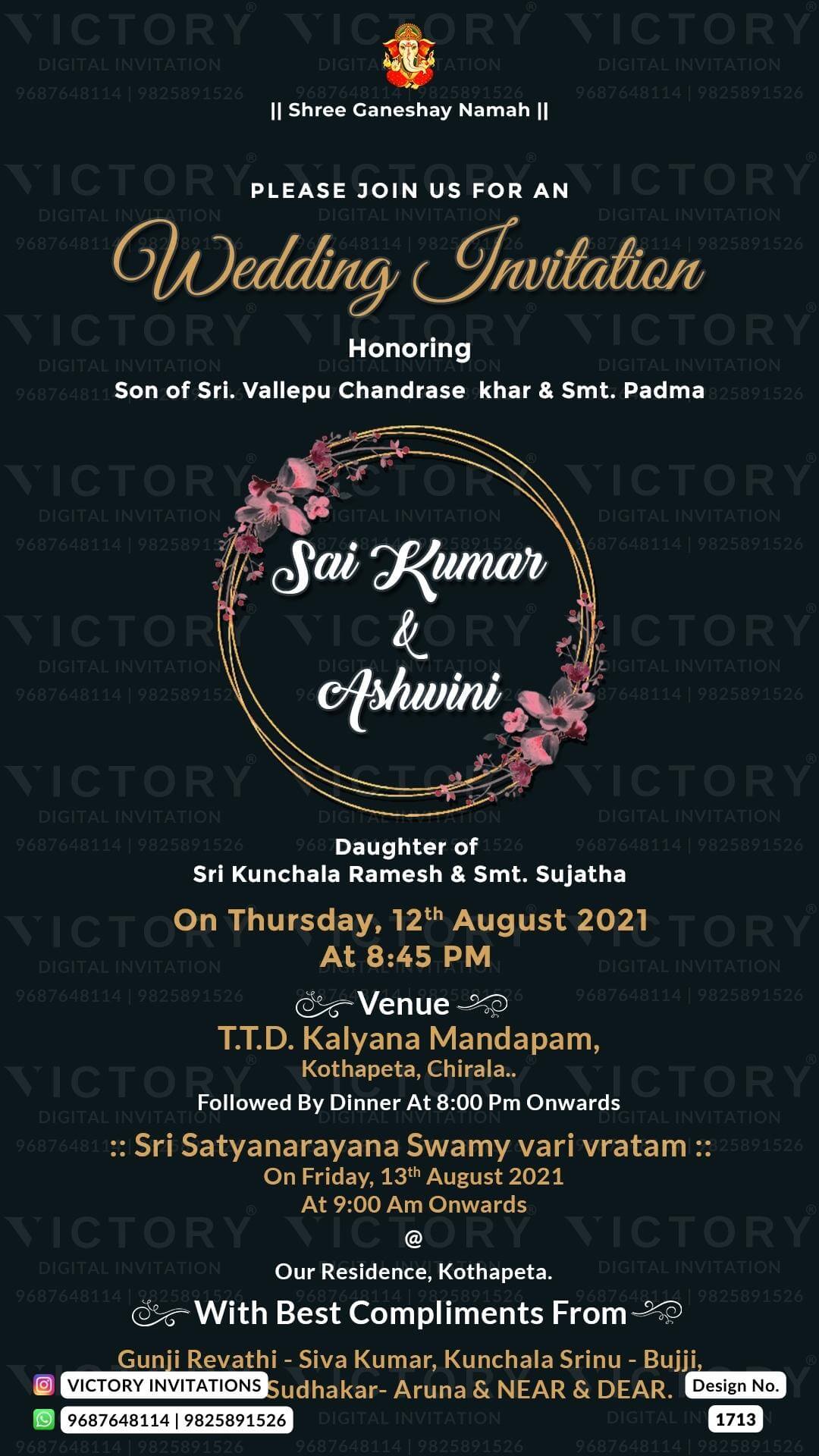 Wedding ceremony invitation card of hindu south indian telugu family in english language with minimalistic theme design 1713