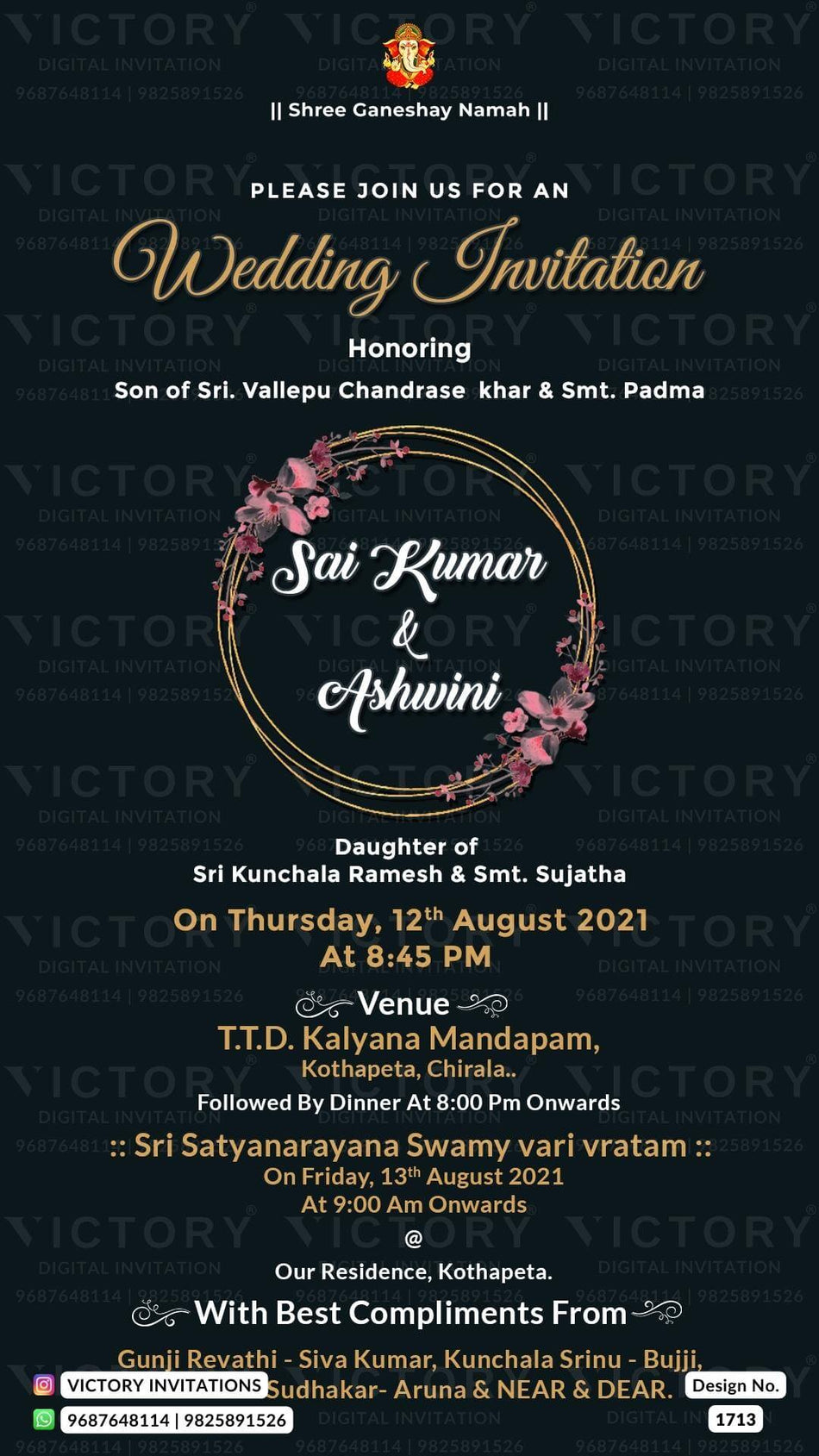Wedding ceremony invitation card of hindu south indian telugu family in english language with minimalistic theme design 1713