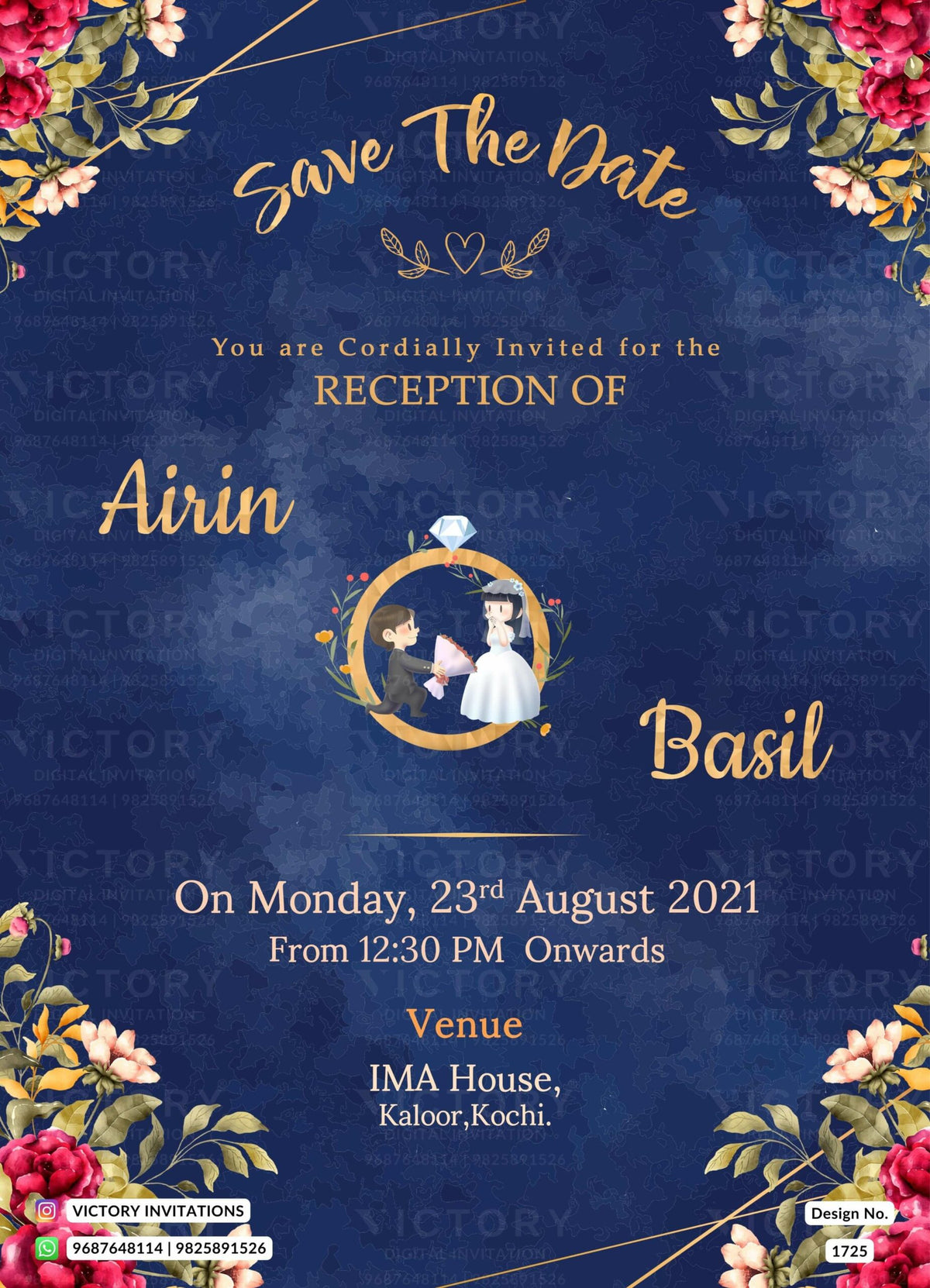 Reception Party invitation card in english language with flowers, couple doodle as floral theme design 1725
