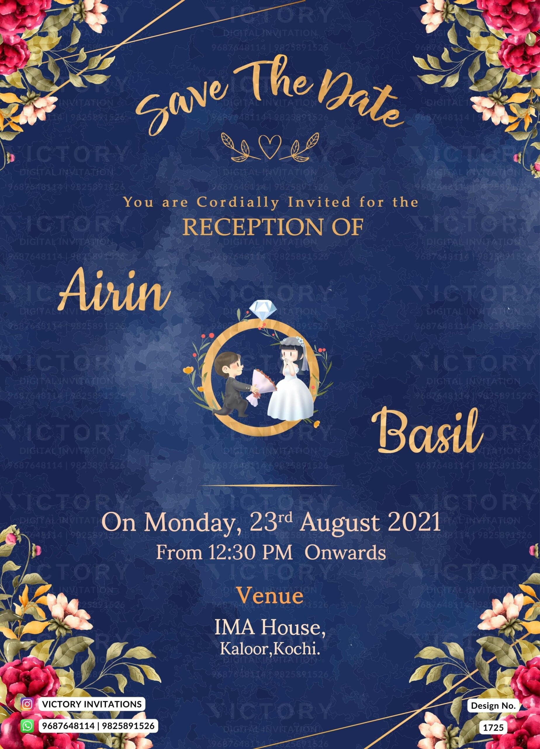Reception Party invitation card in english language with flowers, couple doodle as floral theme design 1725