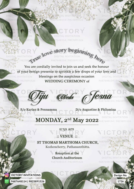 Wedding ceremony invitation card of hindu south indian malayali family in english language with minimalistic theme design 1726