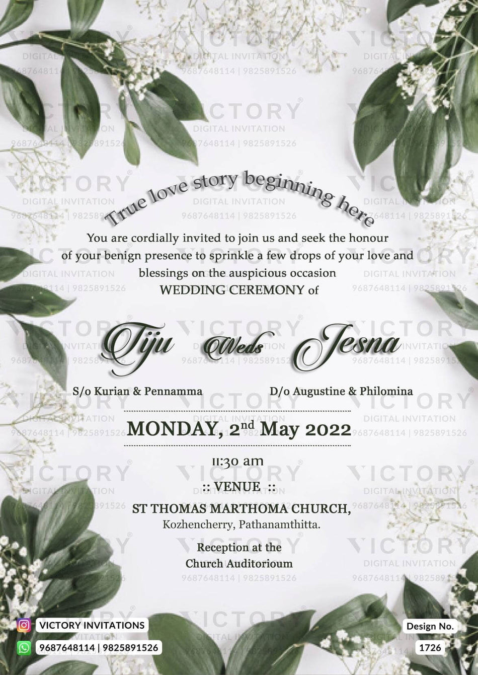 Wedding ceremony invitation card of hindu south indian malayali family in english language with minimalistic theme design 1726