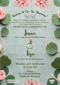 Betrothal ceremony invitation card for Catholic family in english language with flowers, romantic couple doodle as floral theme design 1728