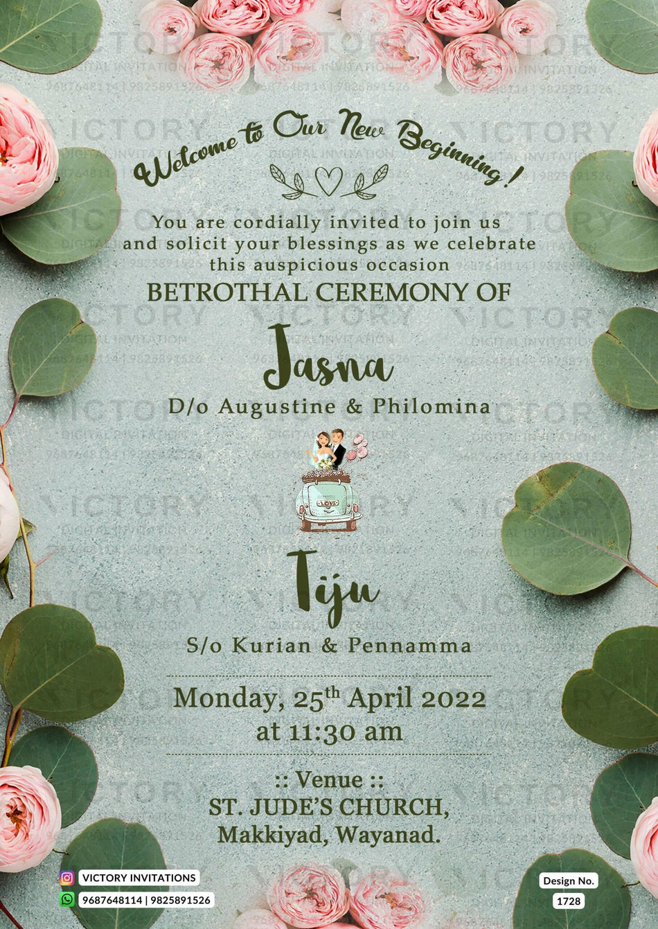 Betrothal ceremony invitation card for Catholic family in english language with flowers, romantic couple doodle as floral theme design 1728