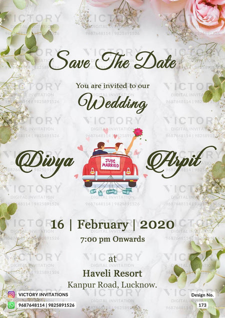 Wedding ceremony invitation card of hindu north indian bhojpuri family in english language with Floral theme design 173