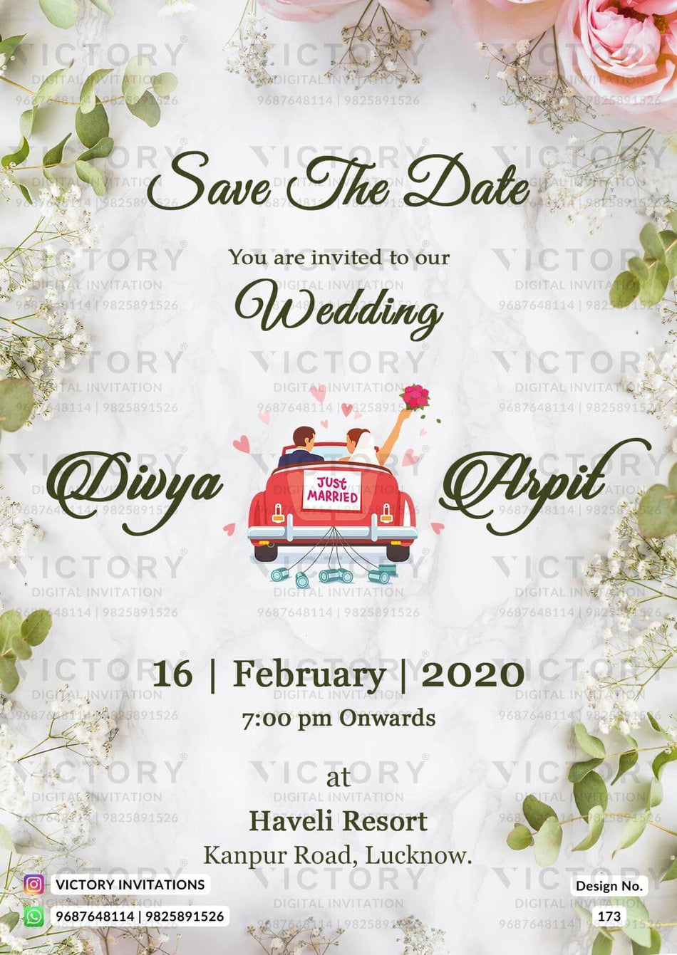 Wedding ceremony invitation card of hindu north indian bhojpuri family in english language with Floral theme design 173