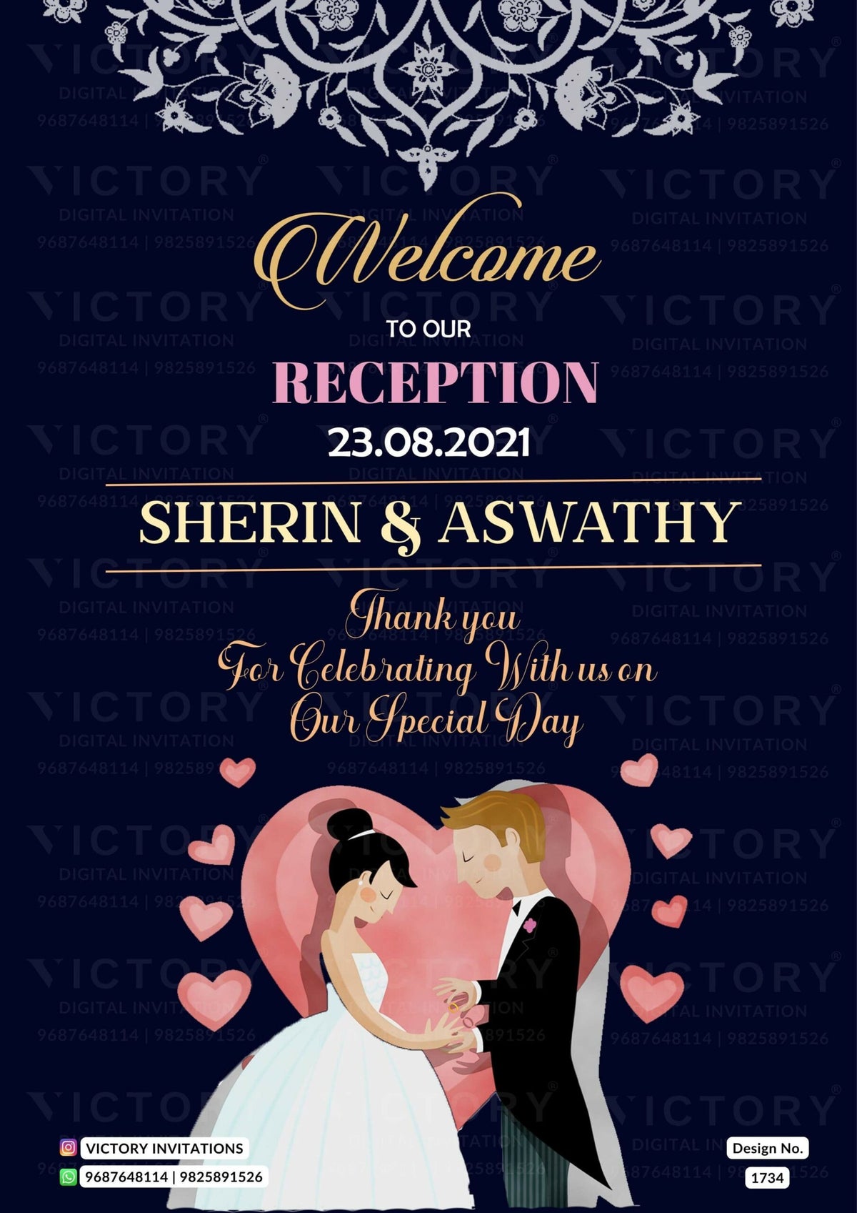 Reception Party invitation card in english language with couple doodle as minimalistic theme design 1734