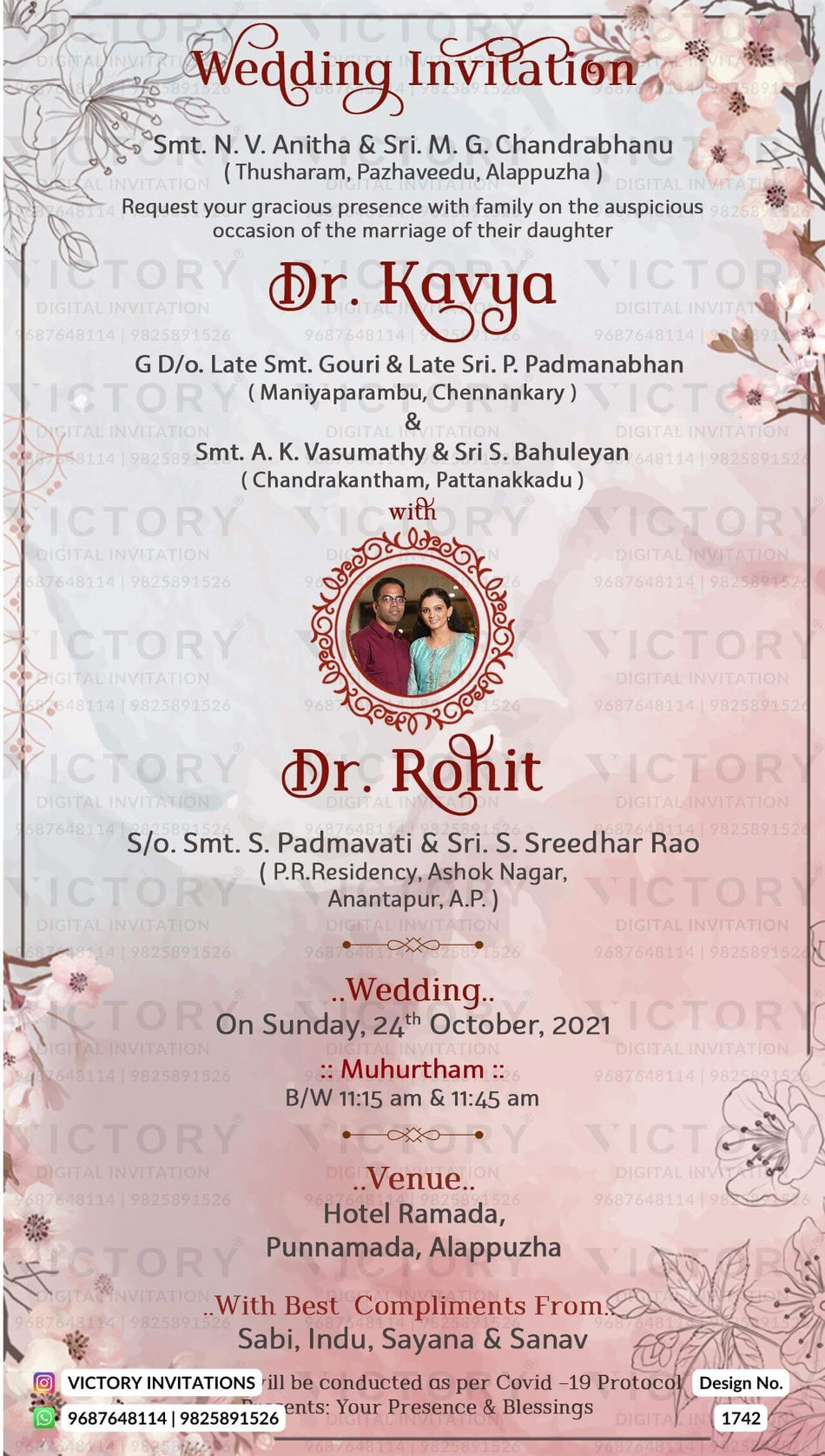 Wedding ceremony invitation card of hindu south indian malayalifamily in english language with floral theme design 1742