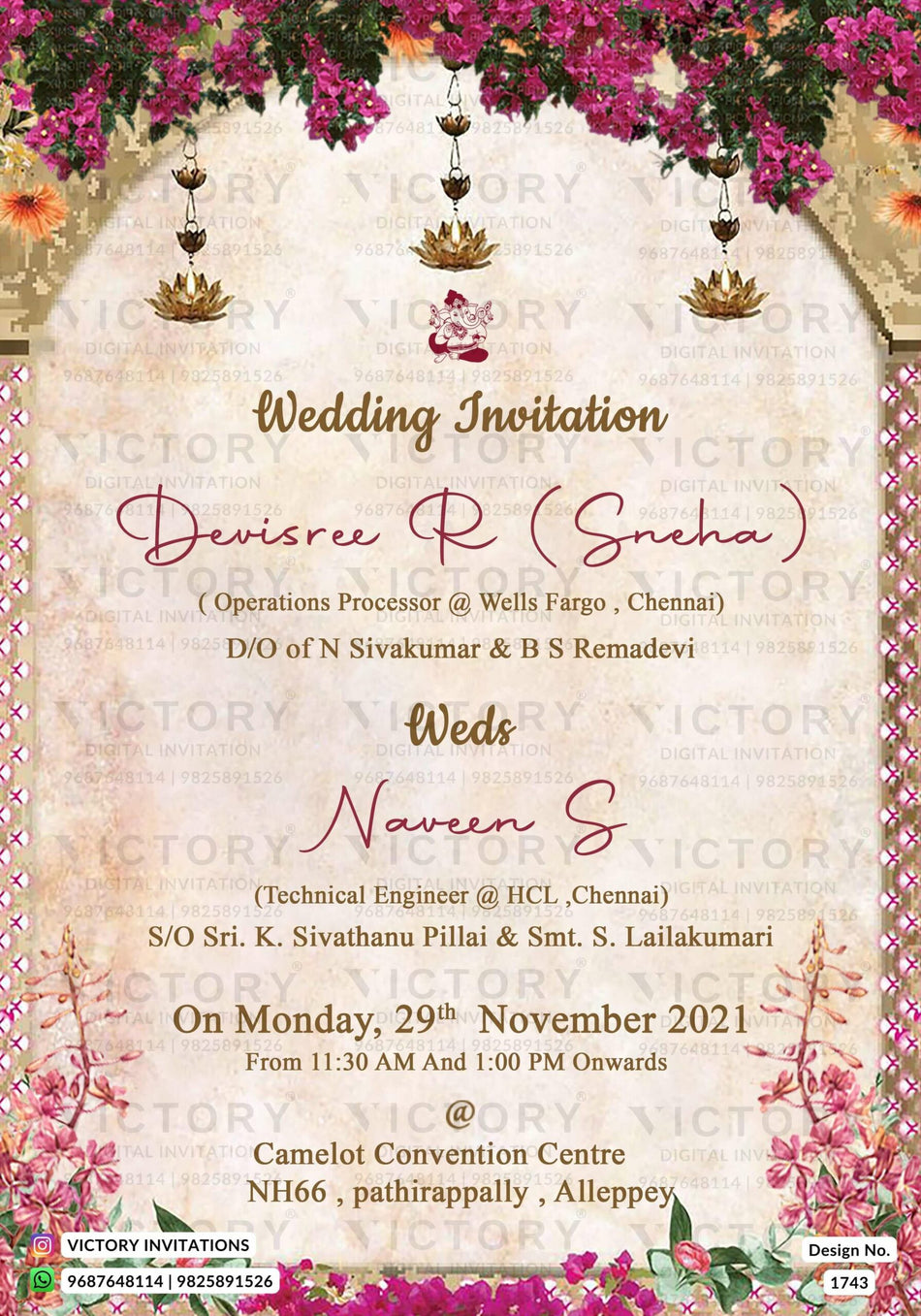 Wedding ceremony invitation card of hindu south indian malayali family in english language with traditional theme design 1743