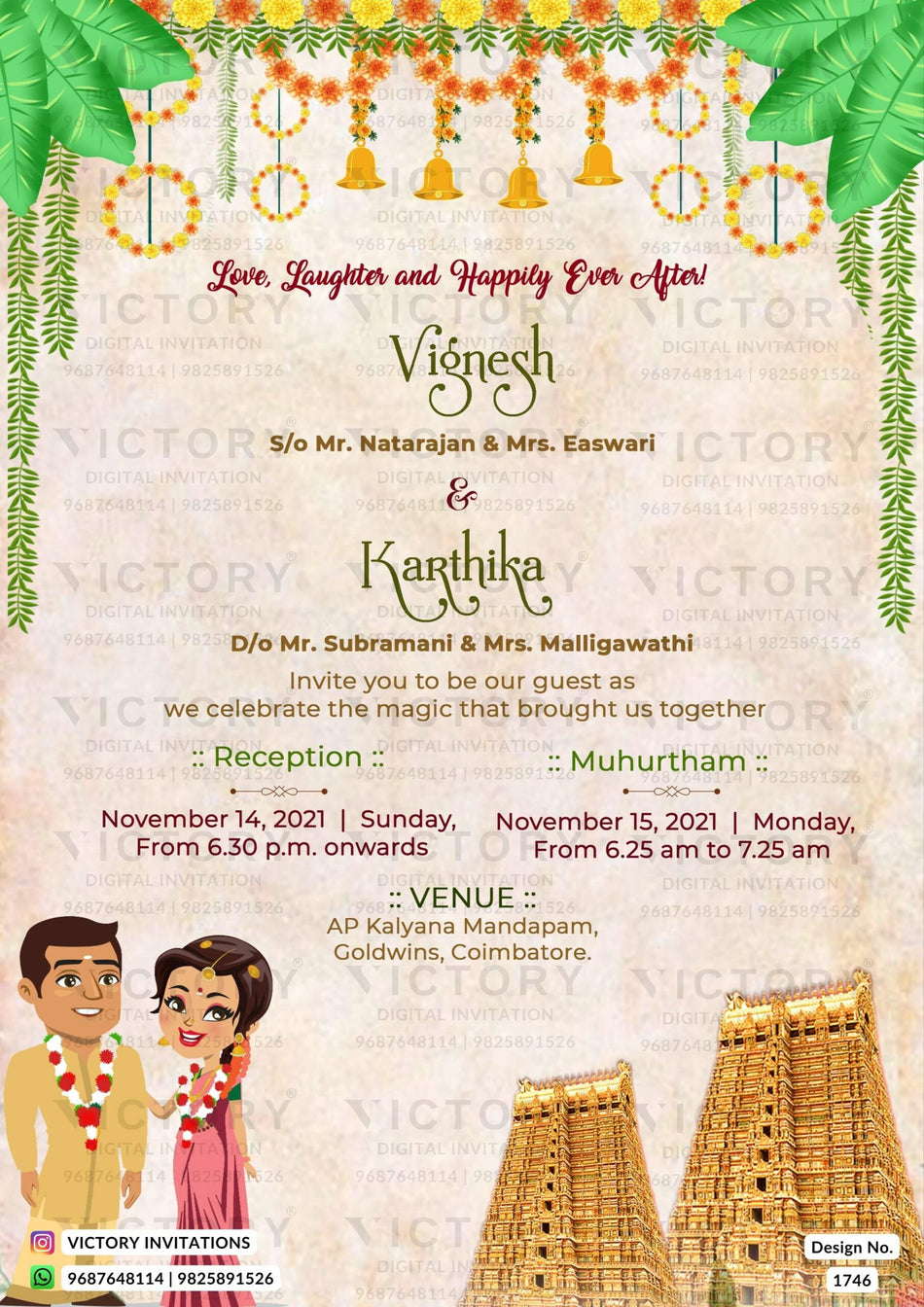 Reception Party invitation card in english language with marigold garland, couple doodle as traditional theme design 1746