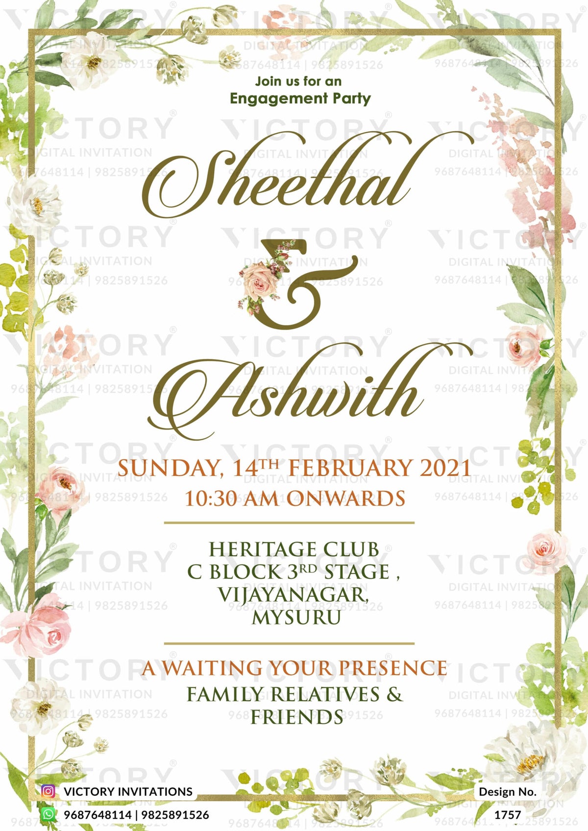 Engagement ceremony invitation card in english language with golden frame, flowers as artistic leaves theme design 1757