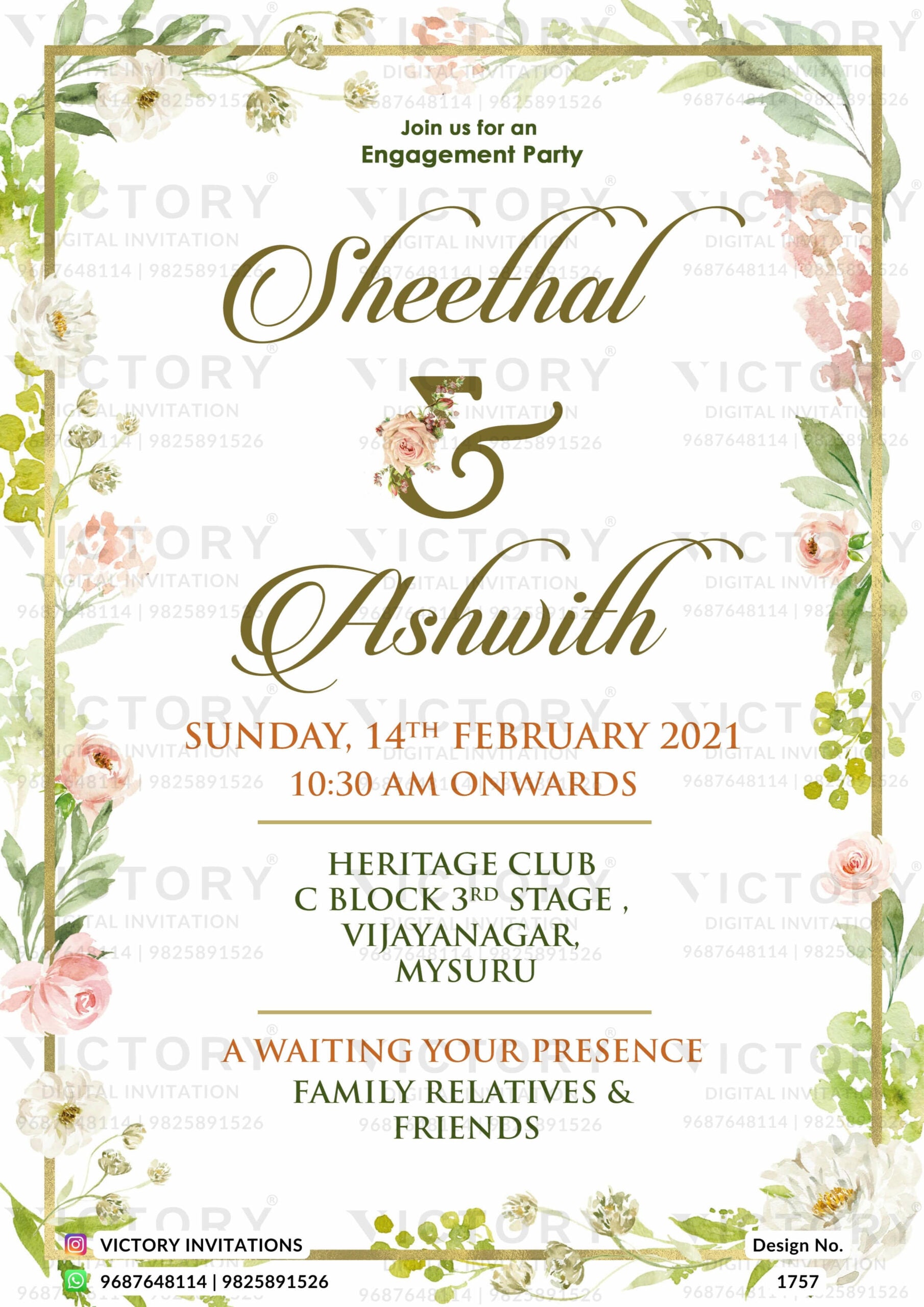 Engagement ceremony invitation card in english language with golden frame, flowers as artistic leaves theme design 1757