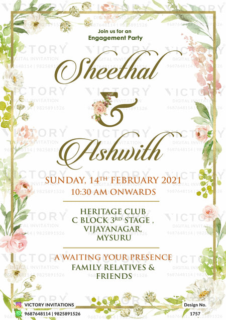 Engagement ceremony invitation card in english language with golden frame, flowers as artistic leaves theme design 1757
