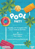 Pool Party invitation card in english language with leaves, swimming tube as elegant theme design 1763