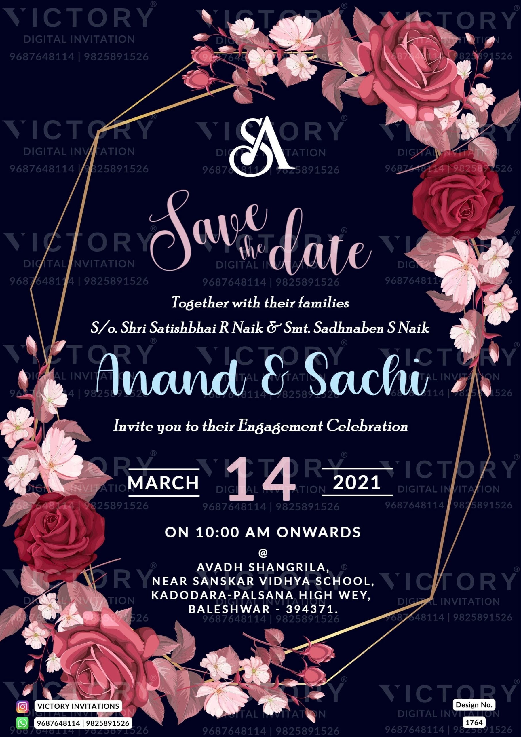 Engagement ceremony invitation card in english language with golden frame as floral theme design 1764