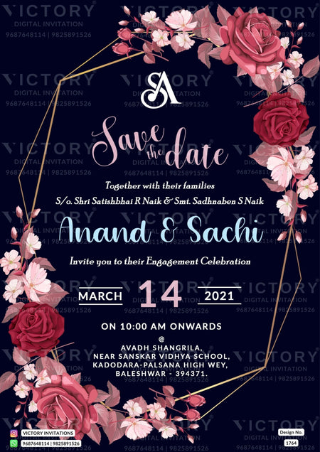 Engagement ceremony invitation card in english language with golden frame as floral theme design 1764