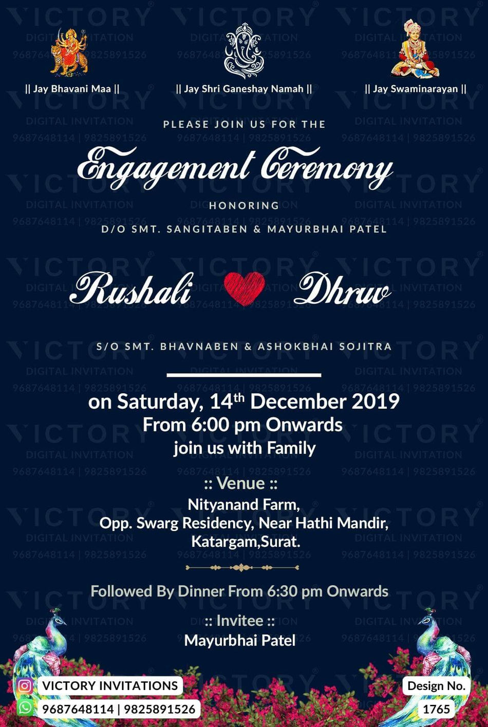 Engagement ceremony invitation card in english language with flowers as minimalistic theme design 1765