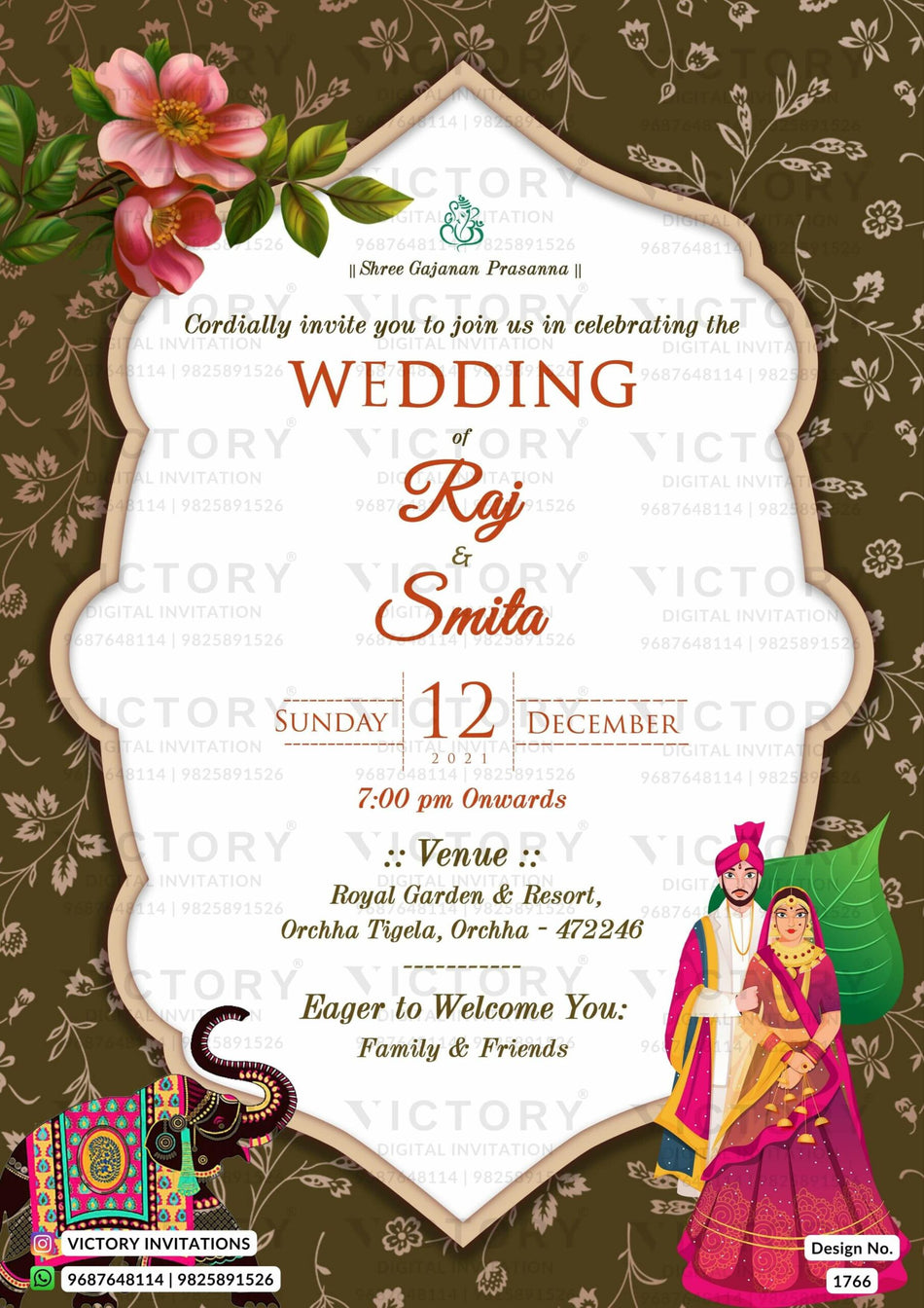 Wedding ceremony invitation card of hindu north indian family in english language with traditional theme design 1766