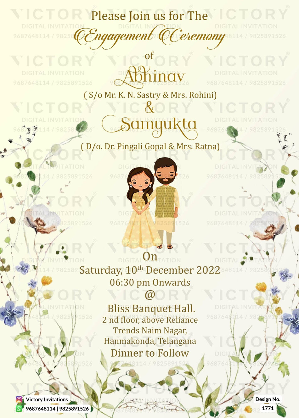 Engagement ceremony invitation card in english language with leaves, couple doodle as minimalistic theme design 1771