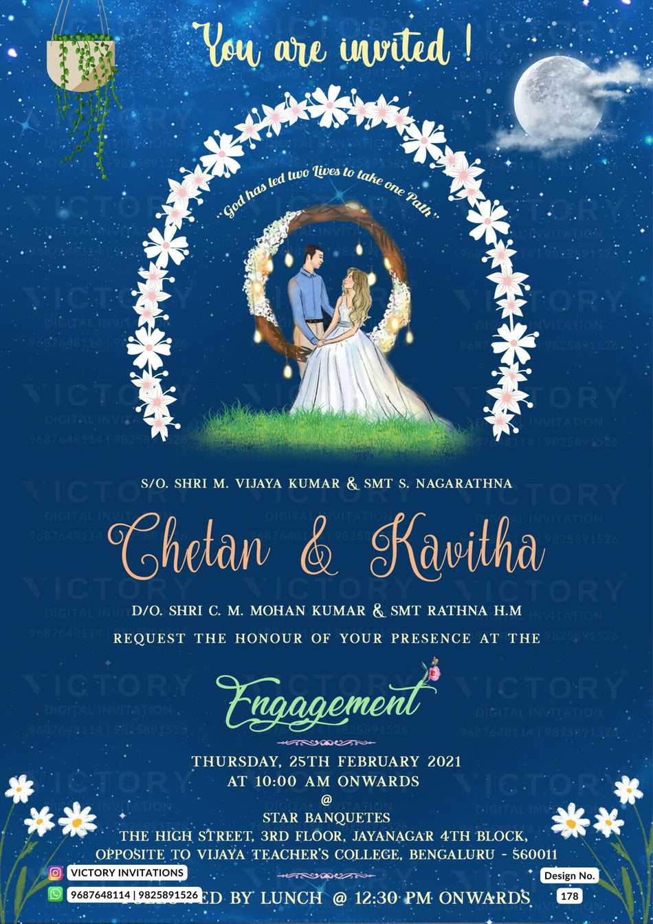 Engagement ceremony invitation card in english language with moon, sparkle as night theme design 178