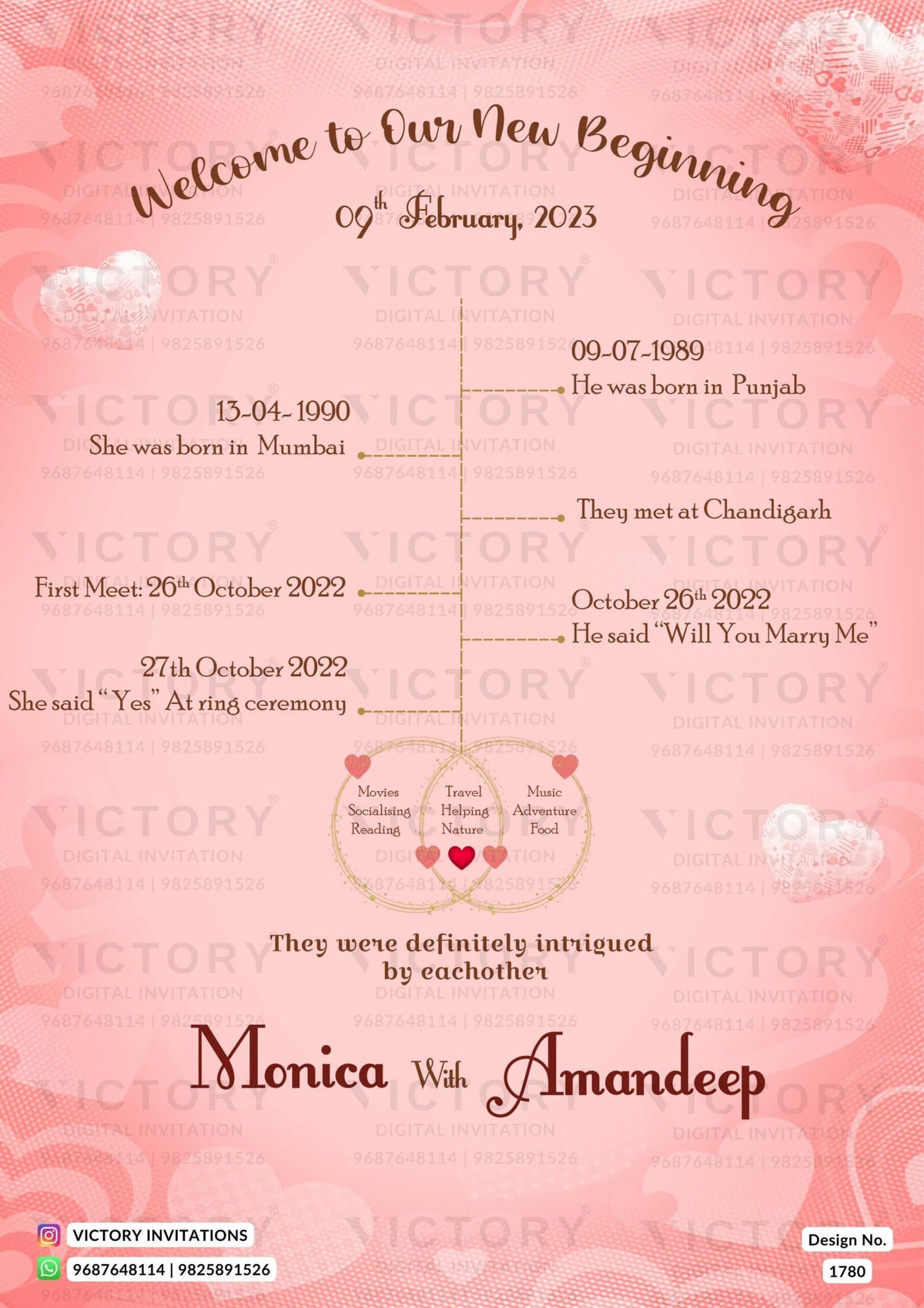 Engagement ceremony invitation card in english language with heart as minimalistic theme design 1780