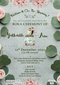 Roka ceremony invitation card for Punjabi family in english language with flowers, romantic couple doodle as floral theme design 1781