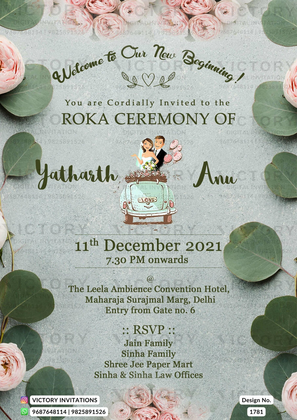 Roka ceremony invitation card for Punjabi family in english language with flowers, romantic couple doodle as floral theme design 1781