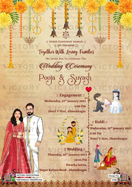 Traditional couple caricature invitation card for wedding ceremony of hindu maharashtrian marathi family in english language with marigold floral theme design 1788
