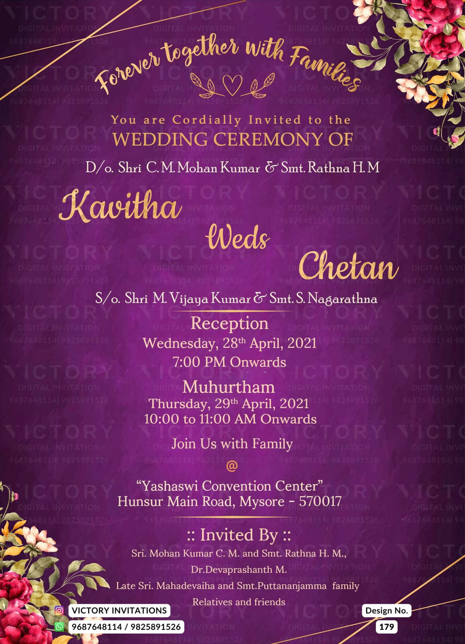 Wedding ceremony invitation card of hindu south indian kannada family in english language with Floral theme design 179