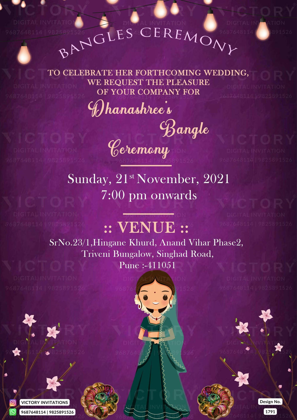 Choora ceremony invitation card in english language with girl doodle as minimalistic theme design 1791
