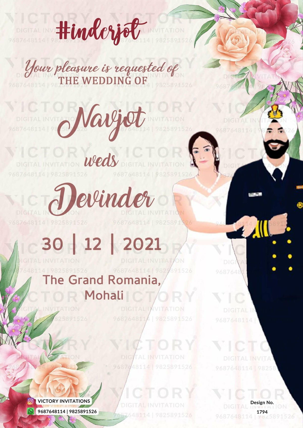 Merchant Navy couple caricature invitation card for wedding ceremony of hindu punjabi sikh family in english language with Floral design 1794