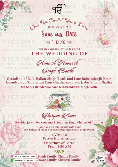Wedding ceremony invitation card of hindu punjabi sikh family in English language with Floral theme design 1798