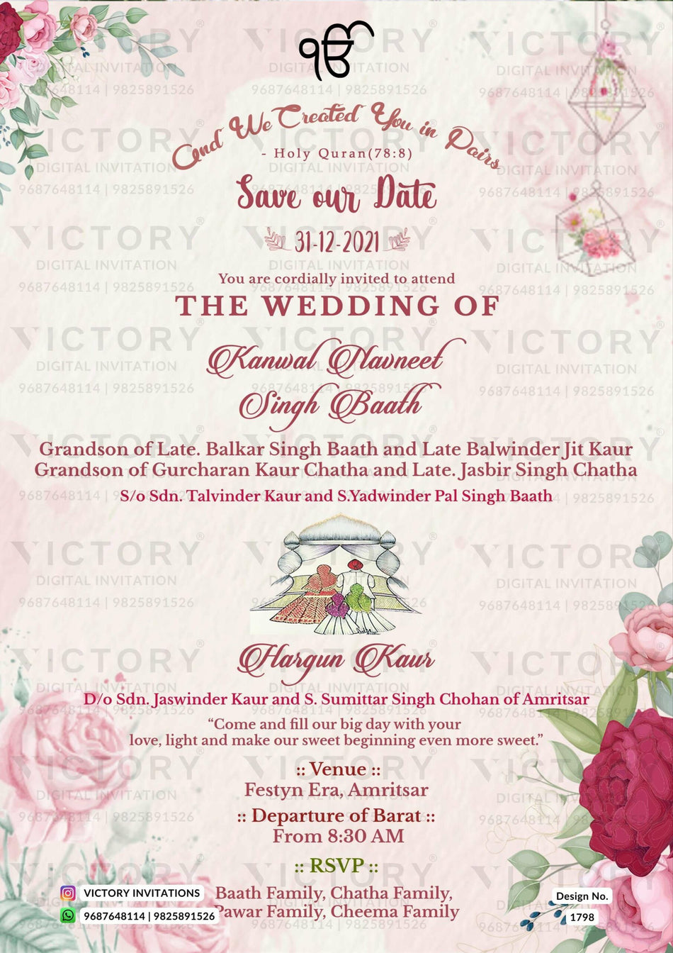 Wedding ceremony invitation card of hindu punjabi sikh family in English language with Floral theme design 1798