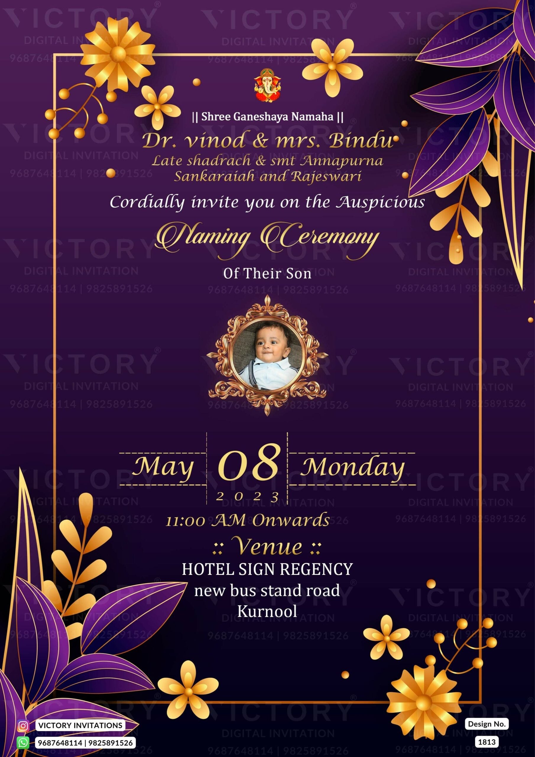 Baby Naming ceremony invitation card in english language with baby photo, leaves as golden frame theme design 1813