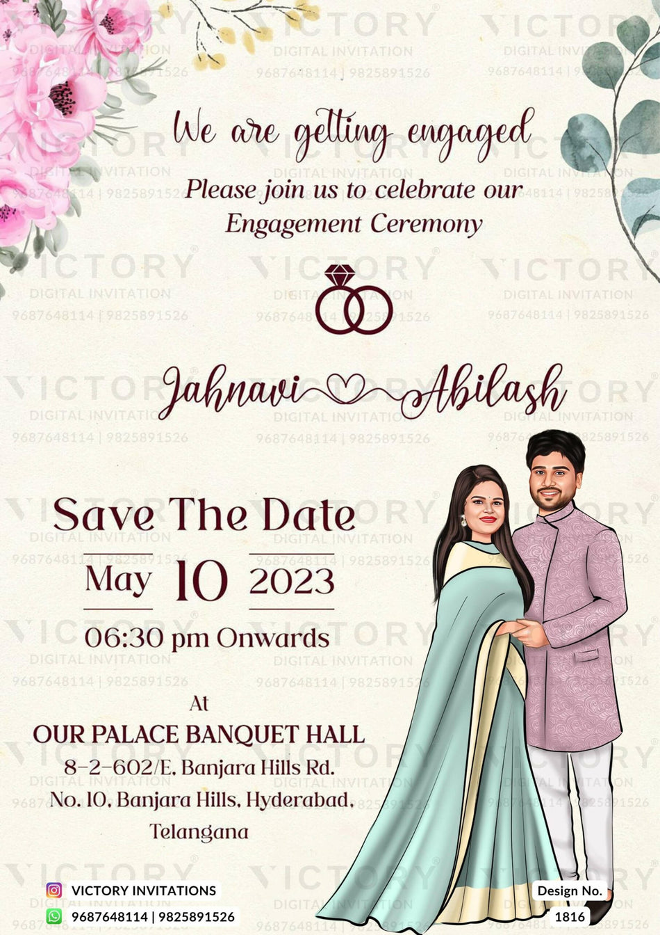 charming couple caricature invitation card for Engagement ceremony in Englsih language with flowers as floral theme design 1816