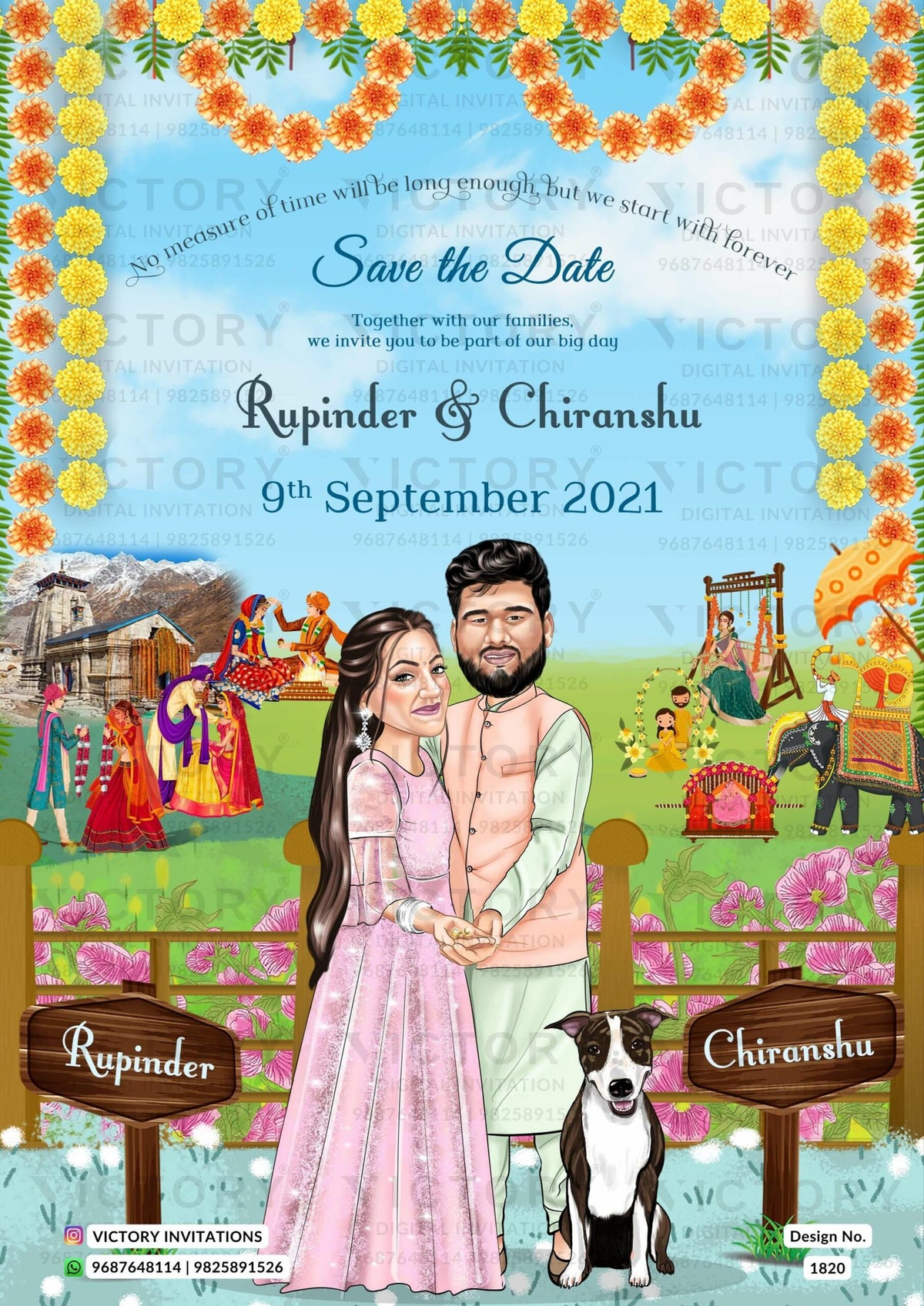 Charming couple caricature invitation card for Save the Date in English language with flowers, fenc, tample as garden theme design 1820