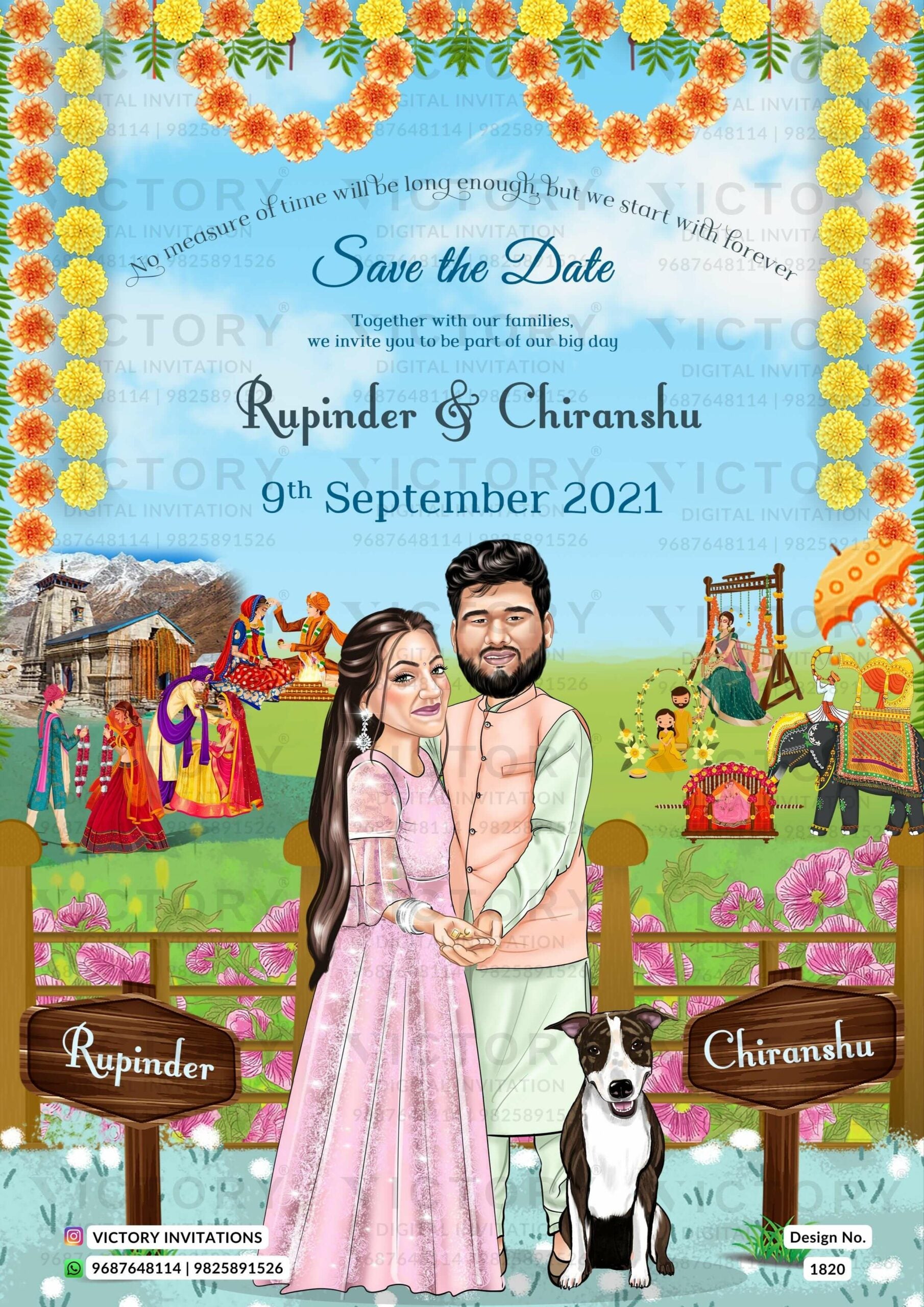 Charming couple caricature invitation card for Save the Date in English language with flowers, fenc, tample as garden theme design 1820