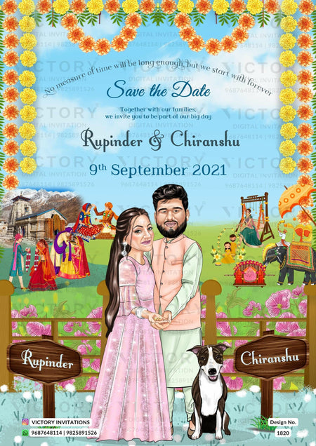Charming couple caricature invitation card for Save the Date in English language with flowers, fenc, tample as garden theme design 1820